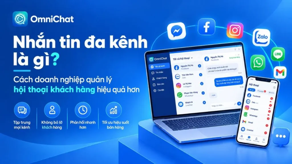 Ảnh bìa Sơ đồ Facebook, Zalo, WhatsApp, Telegram, TikTok và website được kết nối vào một hệ thống nhắn tin đa kênh