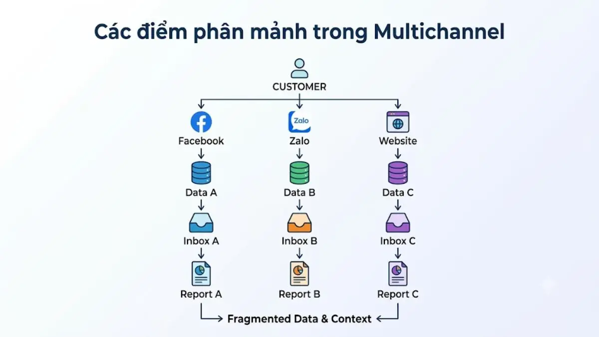 Sơ đồ dữ liệu khách hàng bị phân tách giữa các channel trong mô hình Multichannel