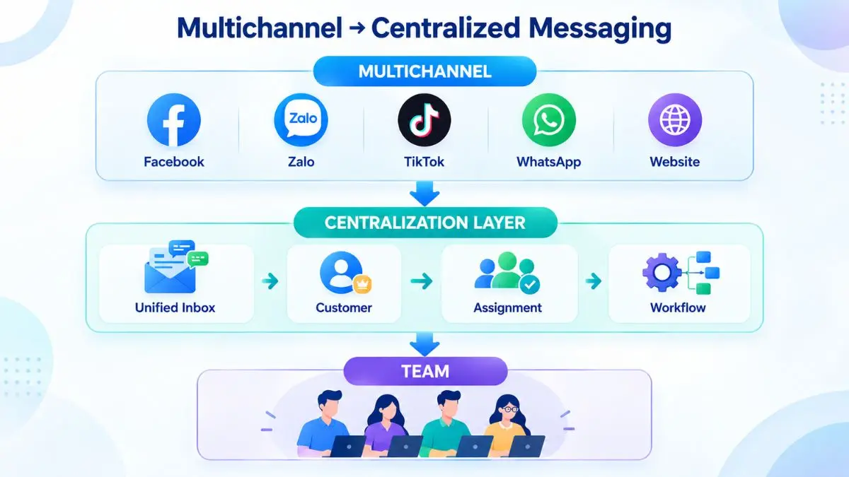 Sơ đồ tập trung các channel Multichannel vào hệ thống quản lý hội thoại chung