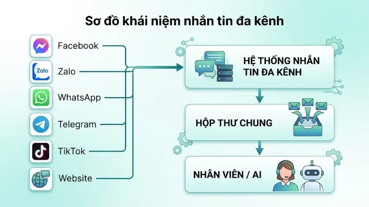 Sơ đồ Facebook, Zalo, WhatsApp, Telegram, TikTok và website được kết nối vào một hệ thống nhắn tin đa kênh
