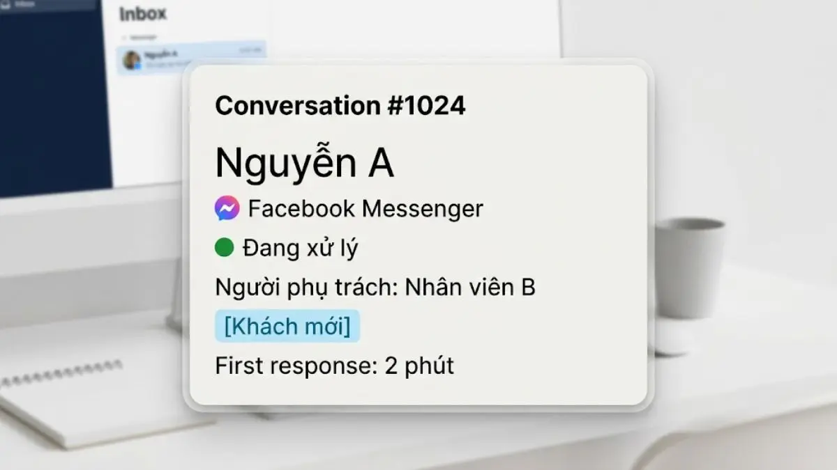 Ví dụ card hội thoại khách hàng có kênh, trạng thái, nhân viên phụ trách và tag