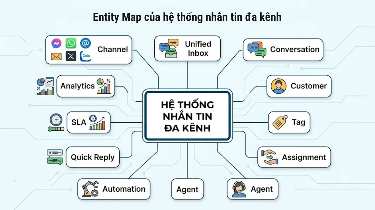 Entity map của hệ thống nhắn tin đa kênh gồm channel, inbox, conversation, customer, tag, automation và analytics