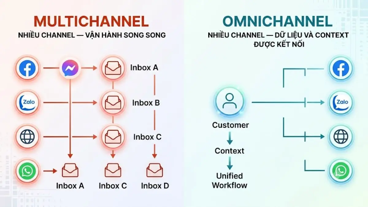 Infographic so sánh Multichannel với Omnichannel theo cách tổ chức channel, customer và context