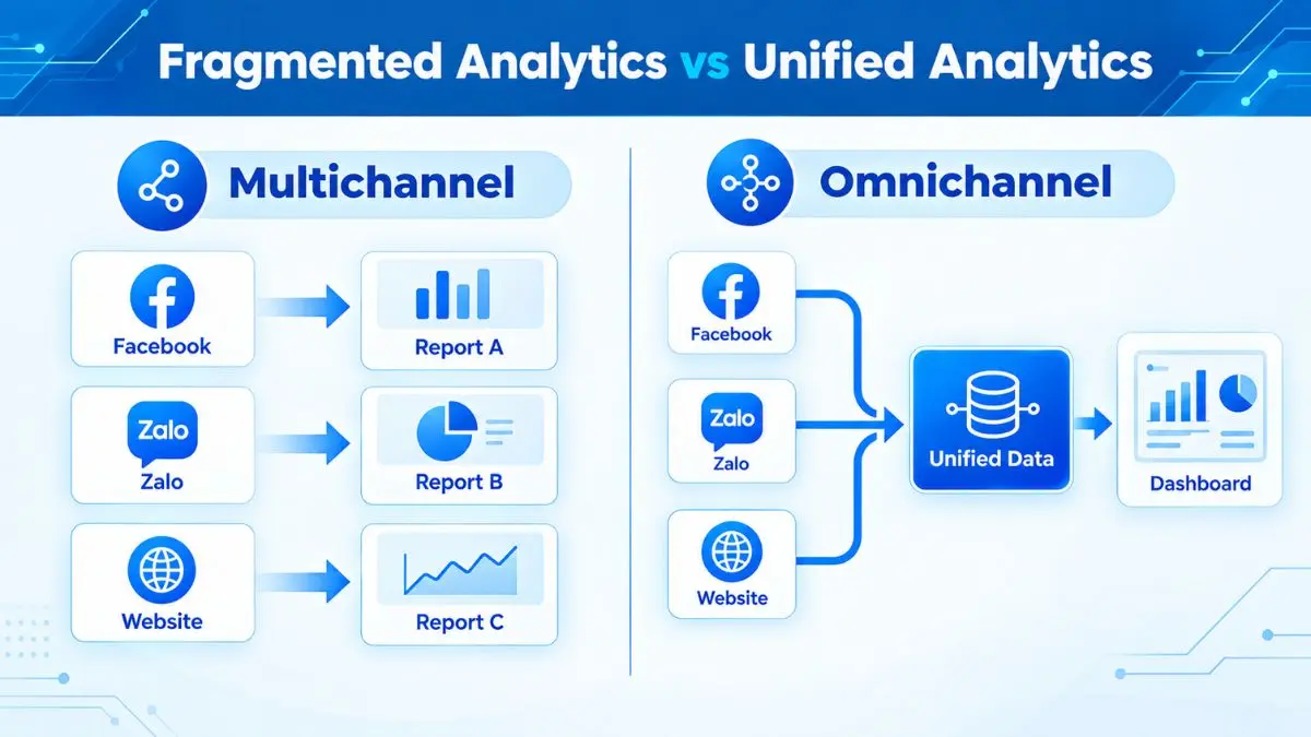 Sơ đồ so sánh báo cáo phân mảnh với unified analytics