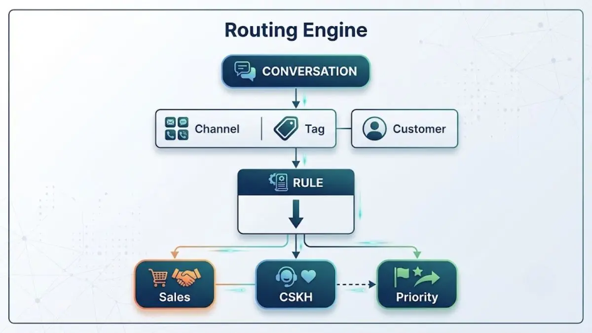 Sơ đồ routing conversation theo channel, tag và customer type