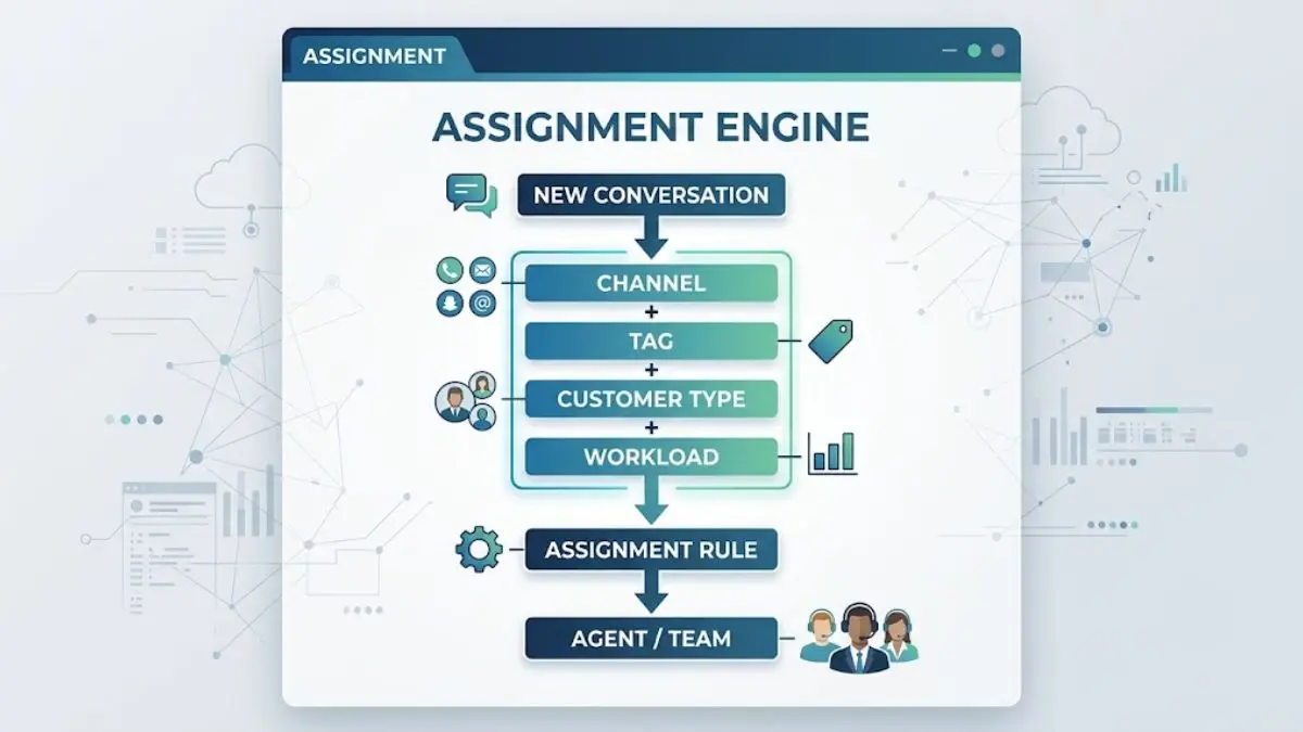 Sơ đồ phân công hội thoại dựa trên channel, tag, customer và workload