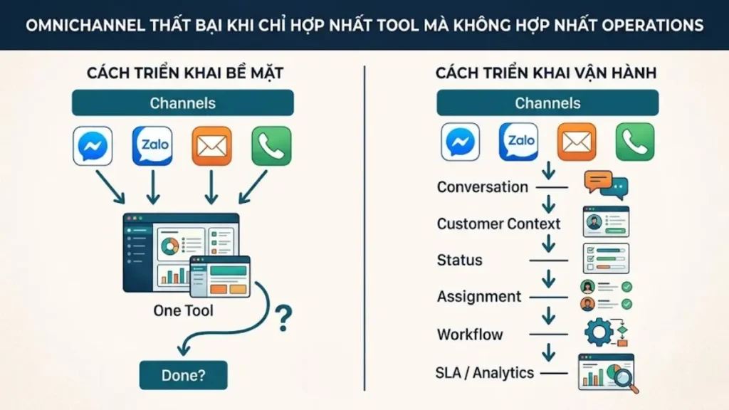 Sơ đồ so sánh triển khai Omnichannel theo công cụ và theo mô hình vận hành