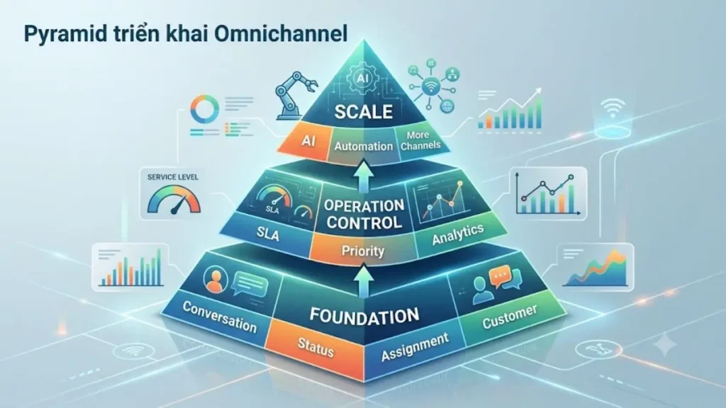 Sơ đồ ba tầng Foundation, Operational Control và Scale khi triển khai Omnichannel