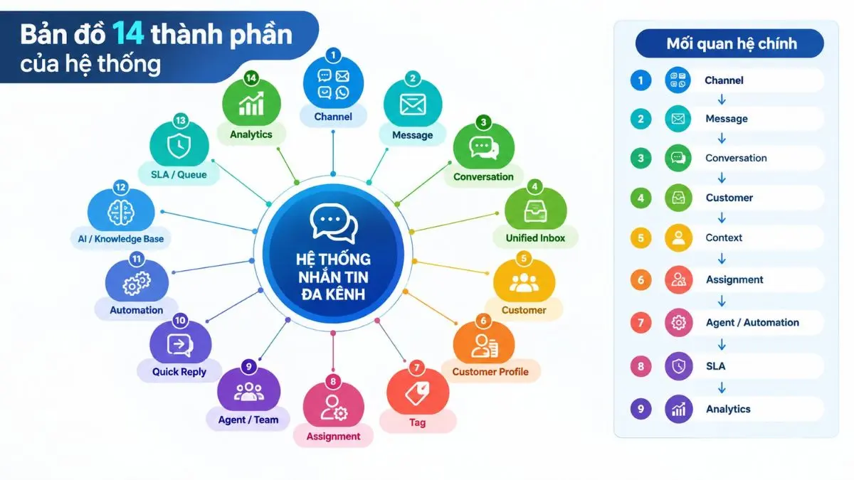 Alt text:Sơ đồ 14 thành phần của hệ thống nhắn tin đa kênh