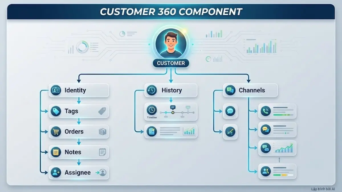 Sơ đồ Customer Profile gồm identity, history, channels, tags, orders và assignee