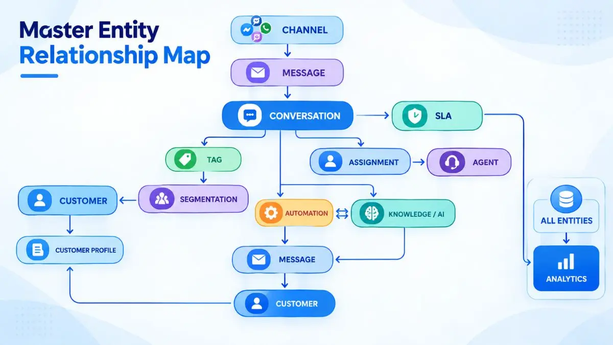 Sơ đồ quan hệ giữa Channel, Message, Conversation, Customer, Tag, Assignment, Automation, Agent và Analytics
