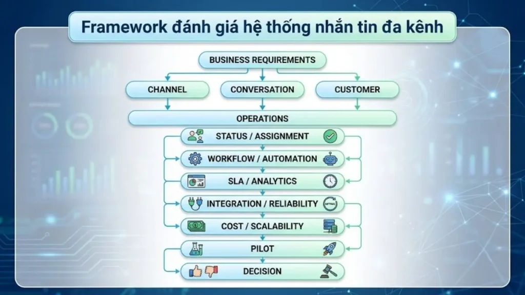 Sơ đồ framework đánh giá hệ thống nhắn tin đa kênh theo Channel, Conversation, Customer, Workflow và Analytics