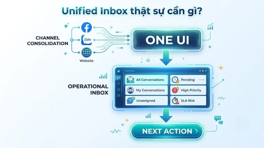 Sơ đồ khác biệt giữa gom nhiều Channel và Unified Inbox vận hành